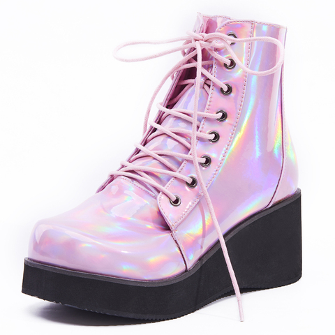 JIALUOWEI New Style Unisex's Shoes Punk Wedge Heel 7cm Pink Holographic Leather Halloween Costumes Gothic Ankle boots ► Photo 1/6