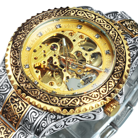 WINNER Gold Skeleton Mechanical Watch Men Automatic Retro Royal Clock Stainless Steel Strap Wrist Watches Top Brand Luxury ► Photo 1/6