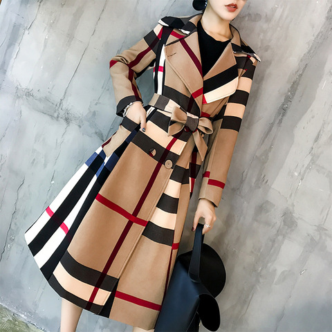 2022 American Women's Autumn And Winter New Plaid Lapel Mid Length Color Matching Retro Trench Coat Long Sleeve Coat Windbreaker ► Photo 1/6