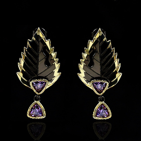 Exquisite Leaf Feather Shape Pendant Earrings Purple Zircon Ladies Earrings Luxury Original Ladies 925 Silver Jewelry ► Photo 1/5