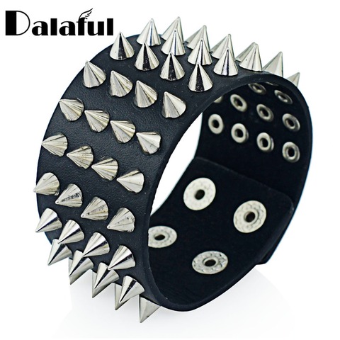 Unique Four Row Cuspidal Spikes Rivet Stud Wide Cuff Leather Punk Gothic Rock Unisex Bangle Bracelet men jewelry S263 ► Photo 1/6