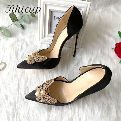 Tikicup Butterfly Knot Women Silk Satin D'Orsay High Heels Black Pointed Toe Party Shoes Ladies Slip On Dress Pumps 8/10/12cm ► Photo 1/1