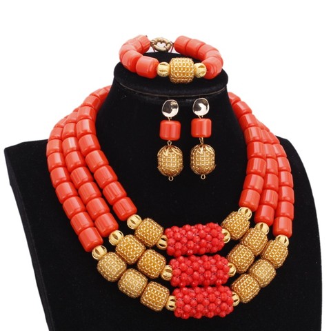 Dudo Store African Jewelry Set New Designs 3 Layers Artificial Coral Beads Jewellery Set 2022 With Gold Beaded Balls 3 Pieces ► Photo 1/5