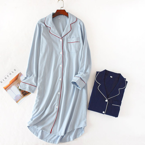 Autumn Long Knit Cotton Sleep Tops Women Cardigan Long Sleeve Nightgowns Solid Lapel Sleepwear Nighty for Ladies Home Clothes ► Photo 1/5