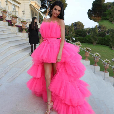 Eightree New High Low Prom Dresses Detachable Train Unique Tiered Formal Prom Party Dress Tulle Evening Dress Pink Party Gown ► Photo 1/6