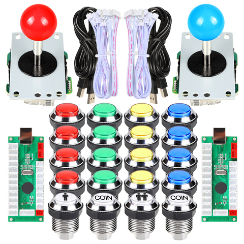 2 Player Arcade Contest DIY Kits USB Encoder To PC Joystick  + LED Chrome Buttons For Arcade Mame Raspberry Pi 2 3 3B Games ► Photo 1/6