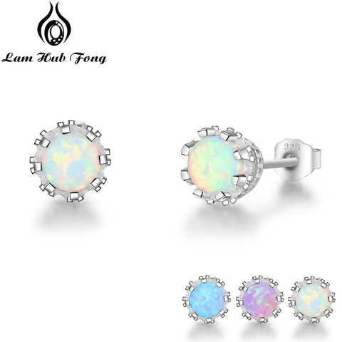 925 Sterling Silver Flower Stud Earrings Round Created Blue Pink White Opal Earrings for Women Party Fine Jewelry (Lam Hub Fong) ► Photo 1/6