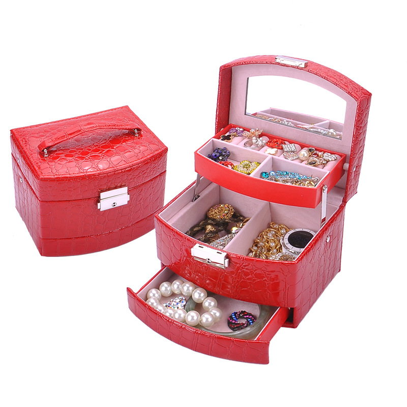 Three Layer Storage Box, Red Leather Jewelry Box