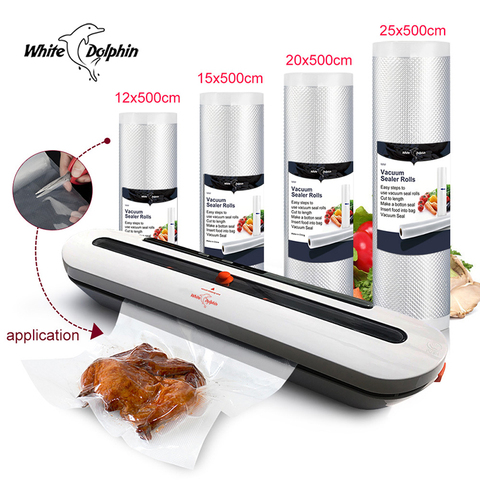 White Dolphin Vacuum Packaging Machine With 4 Rolls Food Saver Bags 12 15 20 25 x 500CM   Kitchen Vacuum Food Sealer 220V 110V ► Photo 1/6