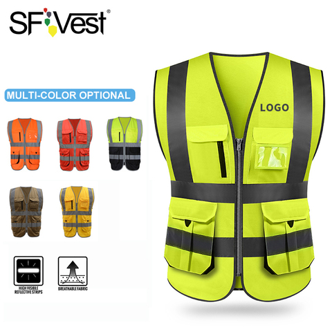 SFVest High visibility reflective safety vest safety Clothing work reflective vest multi pockets workwear safety waistcoat men ► Photo 1/6