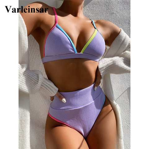 4 Colors Ribbed High Waist Bikini Female Swimsuit Women Swimwear Two-pieces Bikini set Print Bather Bathing Suit Swim Lady V2443 ► Photo 1/6