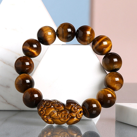 Rose 8-16mm Gold Color Tiger Eyes Stone Beads Bangle Bracelet Chinese Lucky Goods Beast Pixiu Bracelet Dropshipping Jewelry Gift ► Photo 1/1