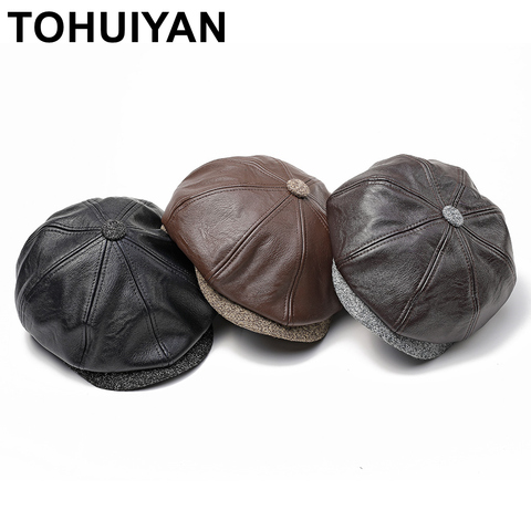 TOHUIYAN Classic Leather Newsboy Cap For Men Autumn Winter Warm Octagonal Hat Snap Brim Collection Hats Gentleman Beret Caps ► Photo 1/6