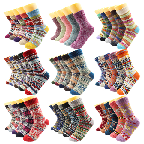 5 Pairs Winter Warmer Women Thicken Thermal Wool Cashmere Snow Socks Fashion Casual Euramerican National Wool Socks for Women ► Photo 1/6