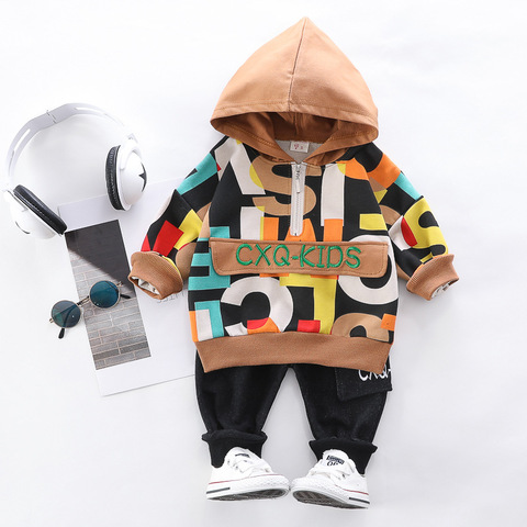 Autumn Baby Boys Cotton Hooded Clothing Set Kids Letter Coat Pants Suit For Sports Tracksuits Toddler Children Casual Outfit ► Photo 1/6