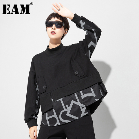 [EAM] Women Big Size White Letter Iregular Spliced T-shirt New Stand Collar Long Sleeve  Fashion Tide Spring Autumn 2022 1DD0232 ► Photo 1/6