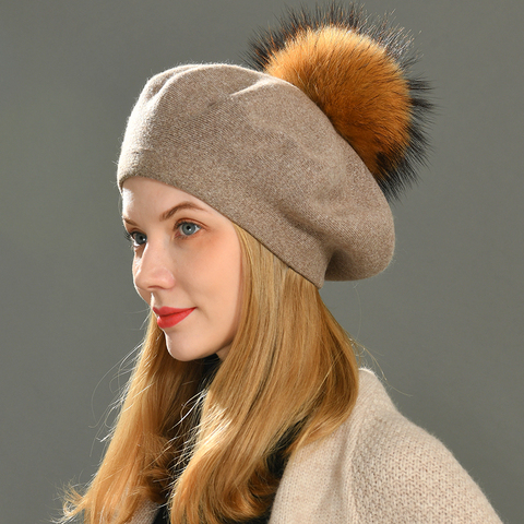 2022 Winter Female Beret Women Hat 15CM Real Raccoon Fur Pompom Beret Wool Cashmere Natural Fur Ball Women Beret Cap for Women ► Photo 1/6