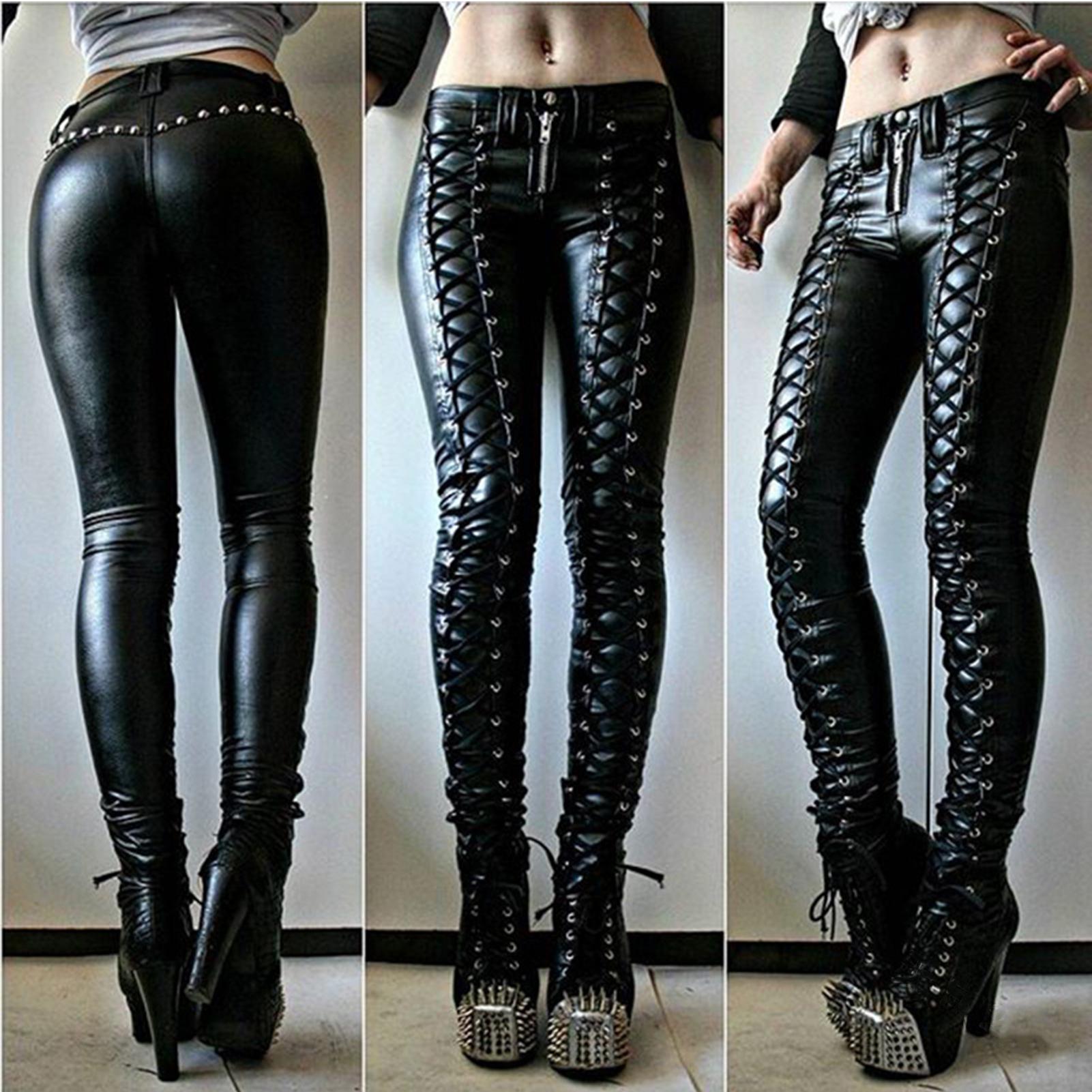 Steampunk Women Faux Leather Cosplay Pants Carnival Party Skinny