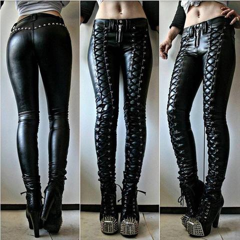 Steampunk Women Faux Leather Cosplay Pants Carnival Party Skinny Button Trousers Workout Leggings High Waist 2022 New Girl Pants ► Photo 1/6