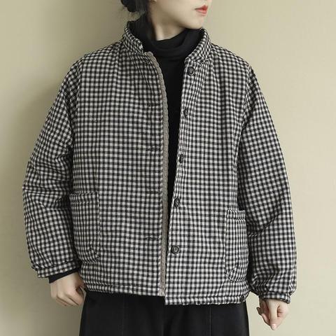 Johnature Women Vintage Plaid Parkas Button Cotton Blend Stand Pockets 2022 Autumn New Warm Wide-waisted Female Parkas Coats ► Photo 1/6