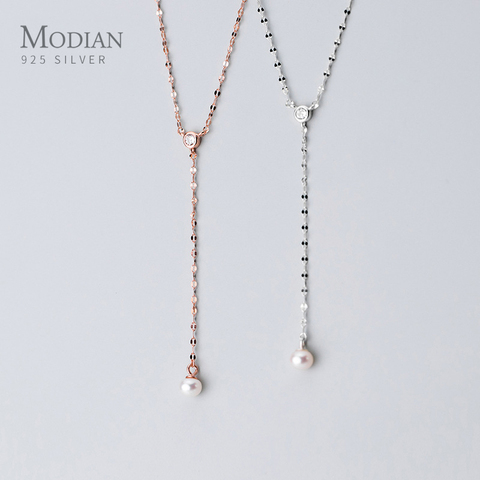 MODIAN 925 Sterling Silver Shiny Zircon Y-Shape Elegant Pearl Pendant Necklace for Women Rose Color Gold Necklace Fine Jewelry ► Photo 1/5