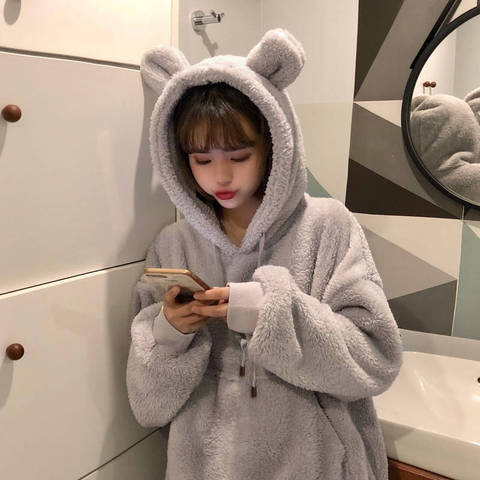 Kawaii Women Hoodies Pullover Girl Winter Loose Fluffy Bear Ear Hoodie Hooded Jacket Warm Outerwear Coat cute sweatshirt Girls ► Photo 1/6