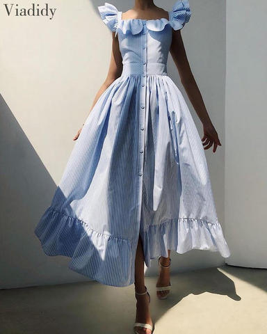 Striped Square Neck Flutter Sleeve Sweet Dress Women Ruffles Maxi Dress ► Photo 1/3