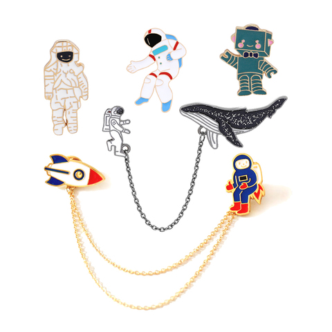 Robot Rocket Astronaut Whales Cartoon Brooches Tassel Pins Clothes Collar Lapel Pin Badges Women fashion Jewelry wholesale Gifts ► Photo 1/6
