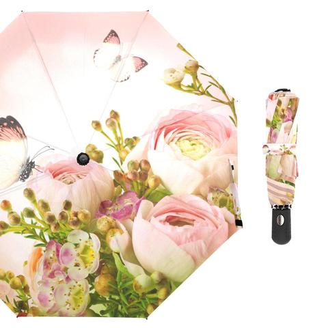 Beautiful Pink Roses and Butterfly Umbrella Rain Women Gift Three Folding Umbrellas Windproof Automatic Portable Travel Umbrella ► Photo 1/6