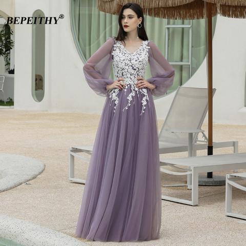 BEPEITHY Purple Tulle Evening Dress Long Party For Women White Flower Latern Full Sleeves Dubai Prom Gown Luxury Elegant 2022 ► Photo 1/6