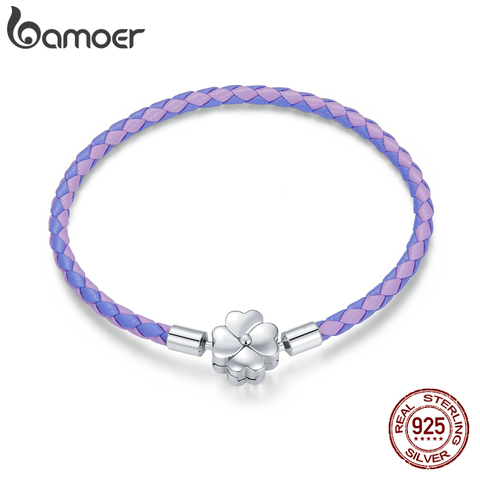 bamoer 925 Sterling Silver Lucky Bracelet Purple Two Color Leather Bracelet Clover European for Women DIY Fine Jewelry SCB214 ► Photo 1/6