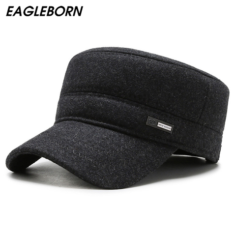 2022 New Woolen Black Hat Military Winter Hat Cap for Men Dad Hat Ear High Quality Adjustable Classic Men Cap ► Photo 1/6