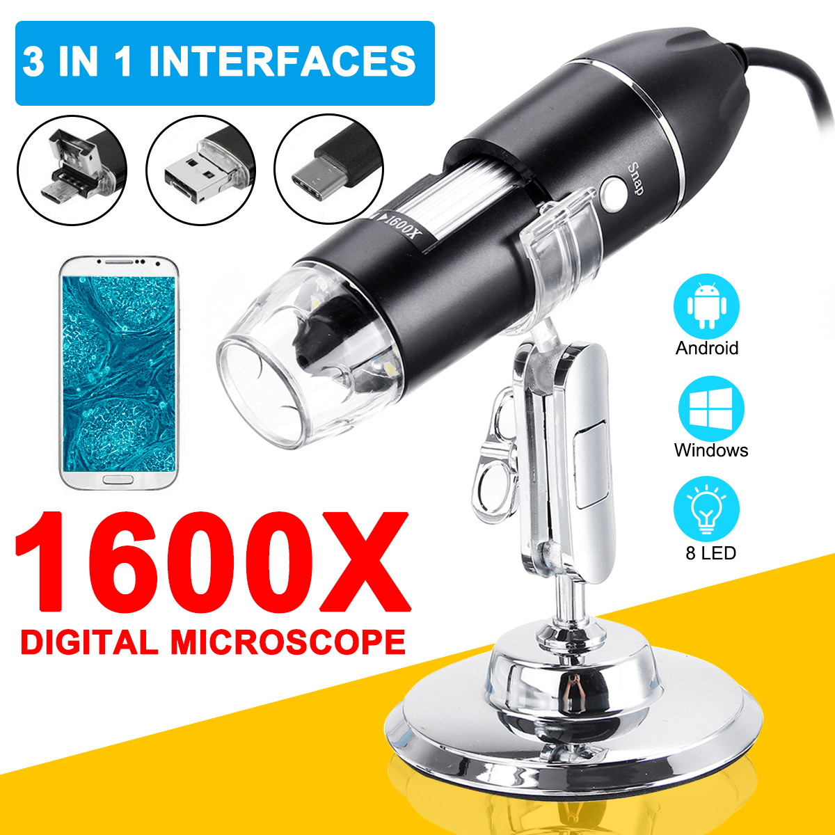 1600X 8LED USB Digital Microscope Endoscope Zoom Camera Magnifier With Stand 