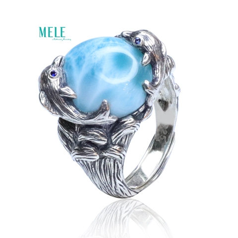 Natural high quality Larimar sea stone waves lovely dolphin ring ring ring ring Dominican gem ► Photo 1/6