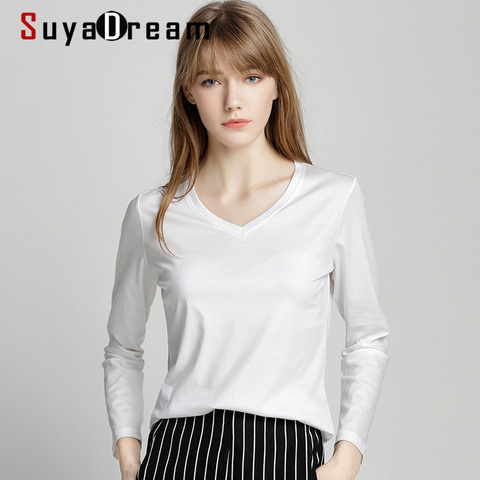 SuyaDream Women Solid T shirts Cotton and Silk mix Plain O neck Long Sleeved Shirts 2022 Autumn Winter Basic Top ► Photo 1/6