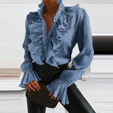 Denim Ruffled Long Sleeve Button Shirt Blouse Summer Sexy V Neck Pleated Chiffon Blouses Spring Elegant Office Lady Tops Blusa ► Photo 1/6