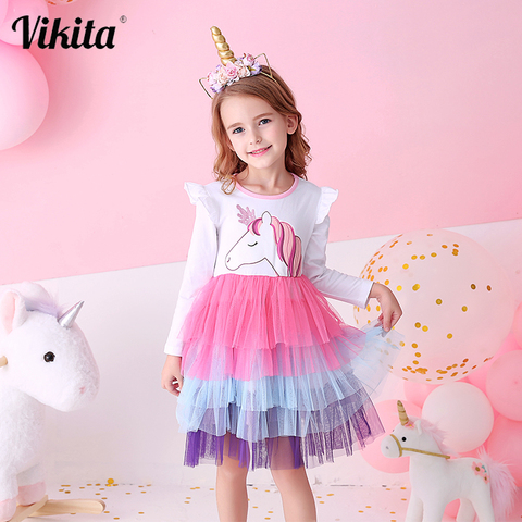 VIKITA Girls Princess Dresses Kids Cartoon Vestidos Children Autumn Dress Kids Dress for Girls Long Sleeve Unicorn Dresses ► Photo 1/6