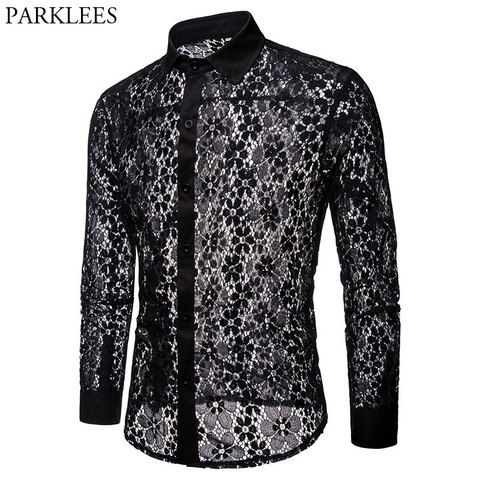 Luxury Floral Embroidery Lace Shirt Men 2022 Brand New Transparent Sexy Dress Shirts Mens See Trough Club Party Black Shirt Male ► Photo 1/6