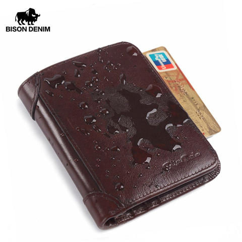 BISON DENIM Genuine Leather RFID wallet Men red brown vintage purse card holder Brand men wallets dollar price Male Purse W4361 ► Photo 1/6