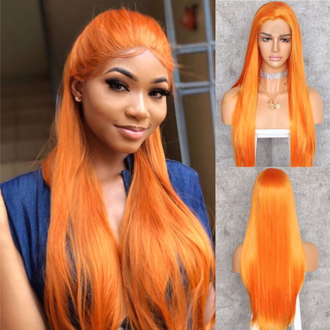 BeautyTown HandTied Orange Red 1B White Heat Resistant Straight Cosplay Celebrity Girl Wedding Party Synthetic Lace Front Wig ► Photo 1/6