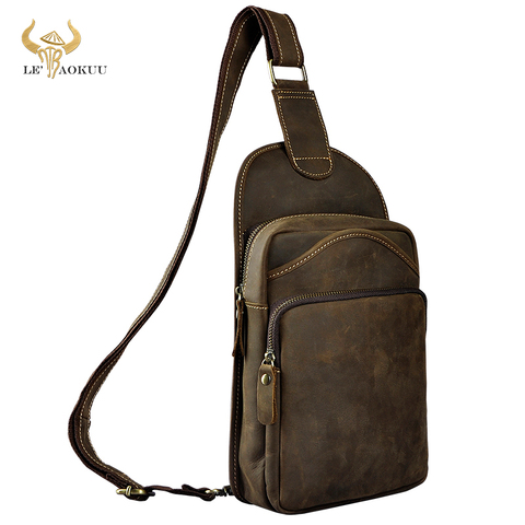 Le'aokuu Men Crazy Horse Leather Casual Vintage Chest Bag Sling Bag Design One Shoulder Bag Crossbody Bag For Male 9977 ► Photo 1/6