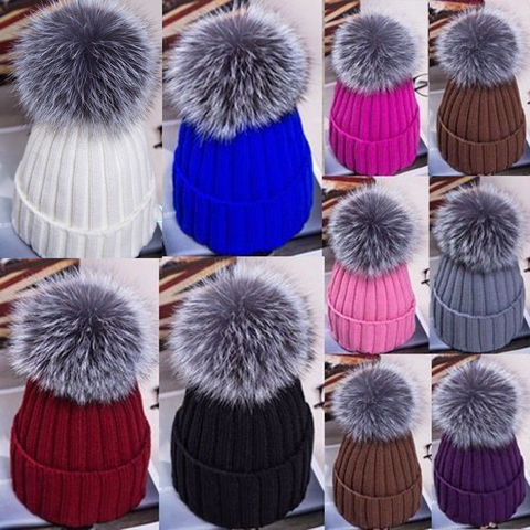 2022 New Hot Fashion Large Ball Womens Hat Winter Fox 15cm Fur Pom Pom Knit Beanie Ski Cap Bobble ► Photo 1/6