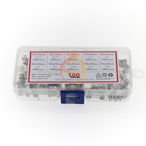 100Pcs 5x20mm 0.2A-20A Quick Blow Glass Tube Fuse Assorted Kit Fast-blow Glass Fuses ► Photo 1/2