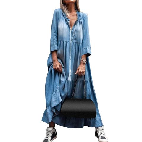 Plus size dress Denim apparel autumn Vintage Dress Women Lace V Neck 3/4 Sleeve Large Hem Tassel Loose Maxi Denim Dress ► Photo 1/6