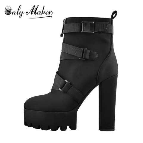 Onlymaker Platform Round Toe Zipper Strap 12~13cm Chunky Thick Heels Lycra Ankle Boots Plus Size US5~US15 For Autumn Winter ► Photo 1/6