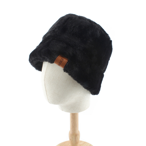 Faux Fur Winter Black Bucket Hat For Women Girl Fashion Solid Thick Soft Warm Fisherman Hat Outdoor Vacation Panama Bob Cap ► Photo 1/6