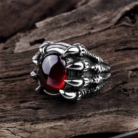 Retro Punk Goth Big Dragon Claw Black Red Stone Men's Ring Gothic Punk Men Big Stone Ring Red CZ Crystal Cool Boy Party Gift ► Photo 1/6