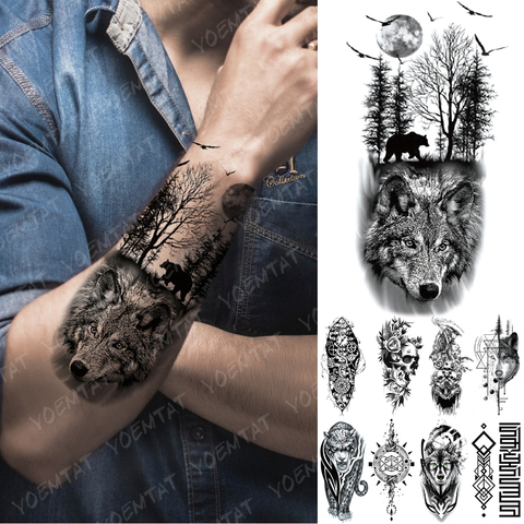 Waterproof Temporary Tattoo Sticker Forest Moon Flying Bird Bear Flash Tattoos Leopard Wolf Tiger Body Art Arm Fake Tatoo Men ► Photo 1/6