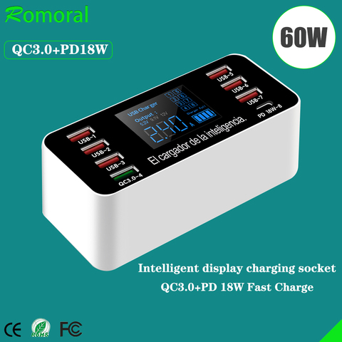 QC3.0 Quick Charge PD18W Smart Charger Station 8 Ports 60W Fast Charging with LCD Digital Display ► Photo 1/6