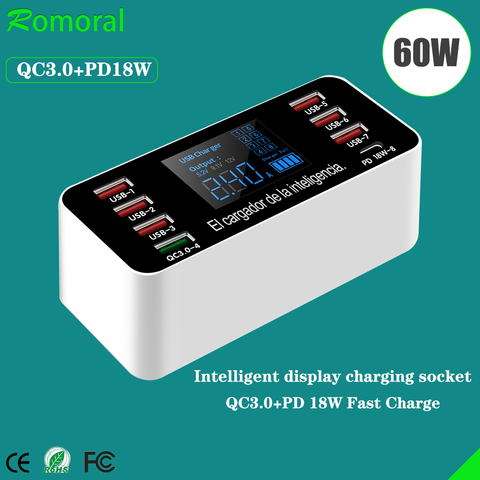 QC3.0 Quick Charge PD18W Smart Charger Station 8 Ports 60W Fast Charging with LCD Digital Display ► Photo 1/6